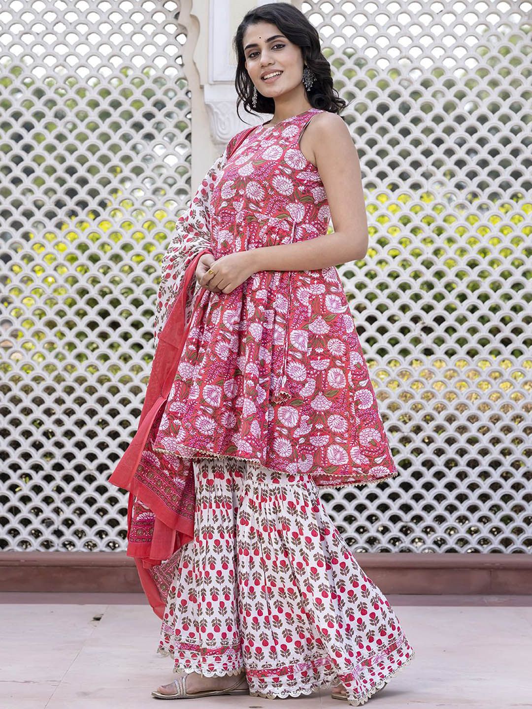 Dhiyona KL Floral Printed Anarkali Pure Cotton Kurta With Palazzos & Dupatta