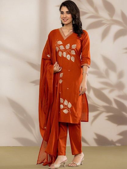 Women Ethnic Motifs Embroidered Regular Sequinned Pure Cotton Kurta with Trousers & With Dupatta