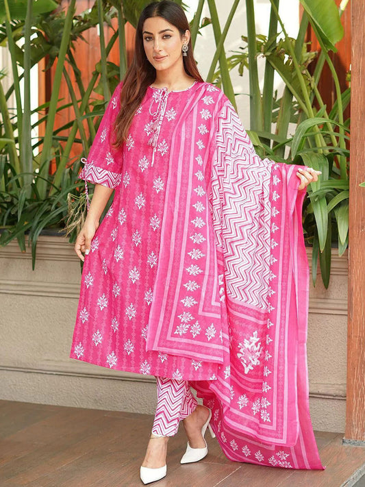 Floral Printed Tie-Up Neck Straight Kurta With Trouser And Dupatta