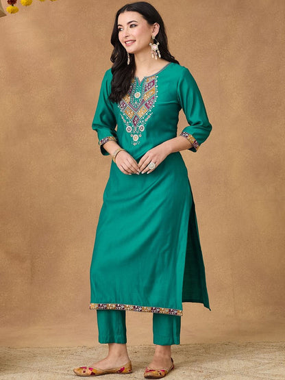 Embroidered Kurta Trousers Printed Dupatta Set