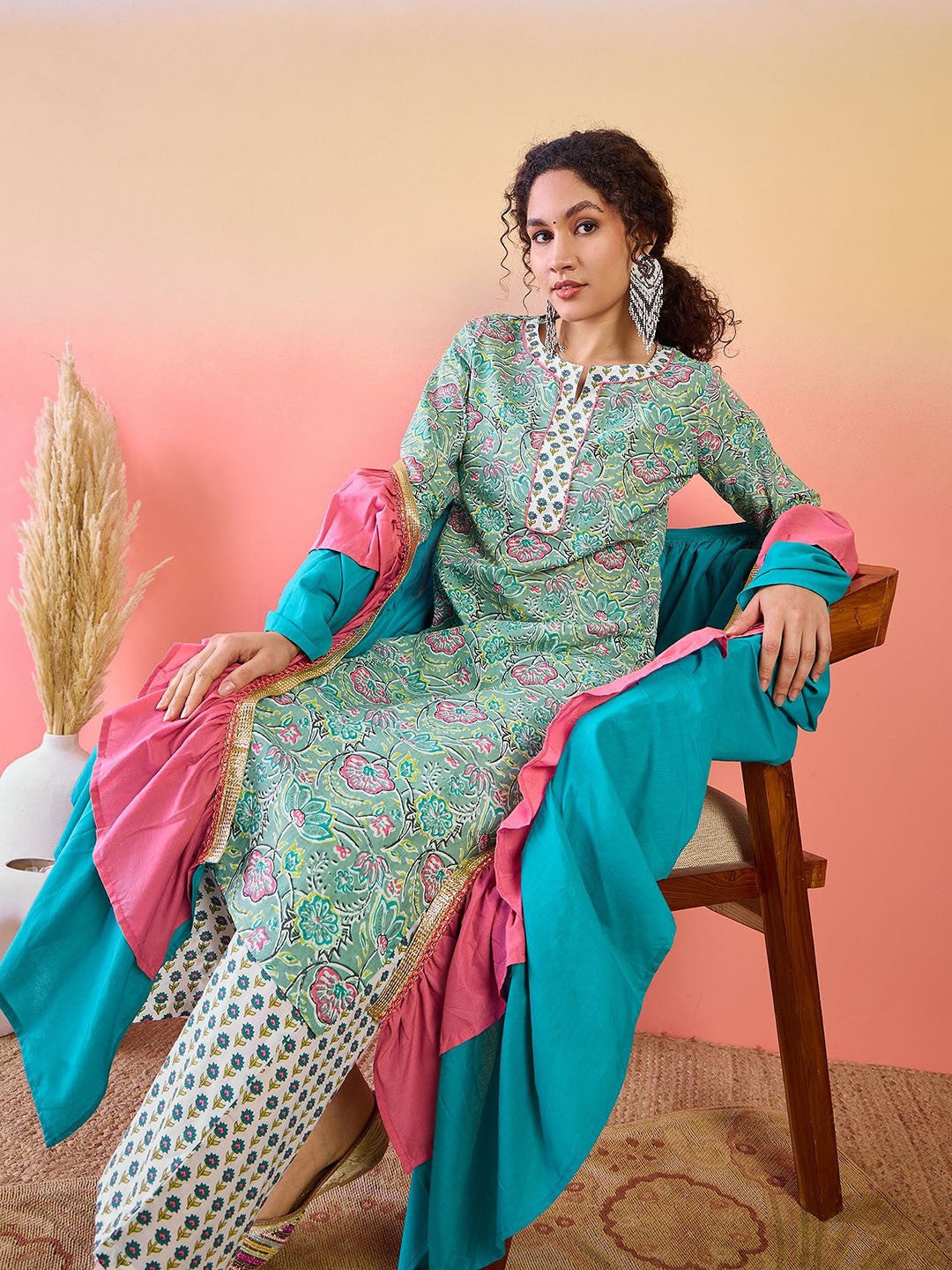 Dhiyona SN Floral Printed Notch Neck Pure cotton Kurta With Palazzos And Dupatta