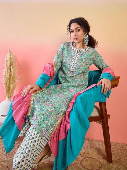 Floral Printed Notch Neck Pure cotton Kurta With Palazzos And Dupatta