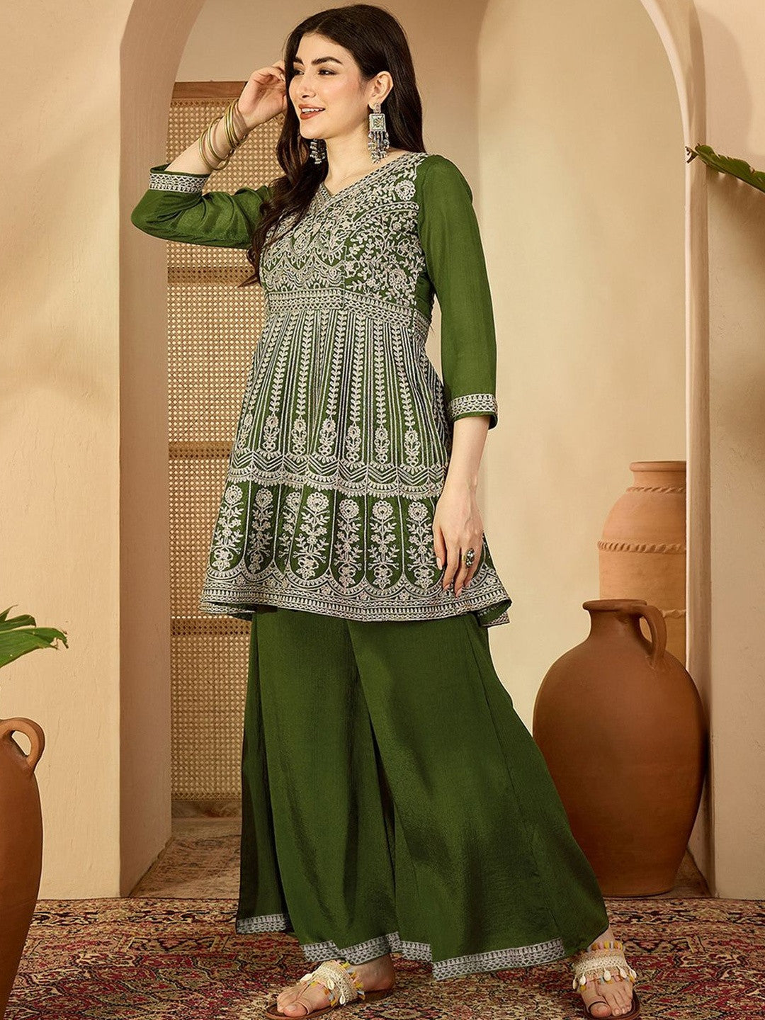 Embroidered V-Neck Straight Kurti & Palazzos Sets
