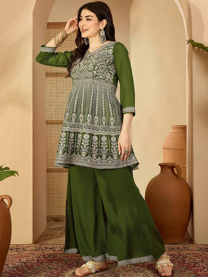 Embroidered V-Neck Straight Kurti & Palazzos Sets