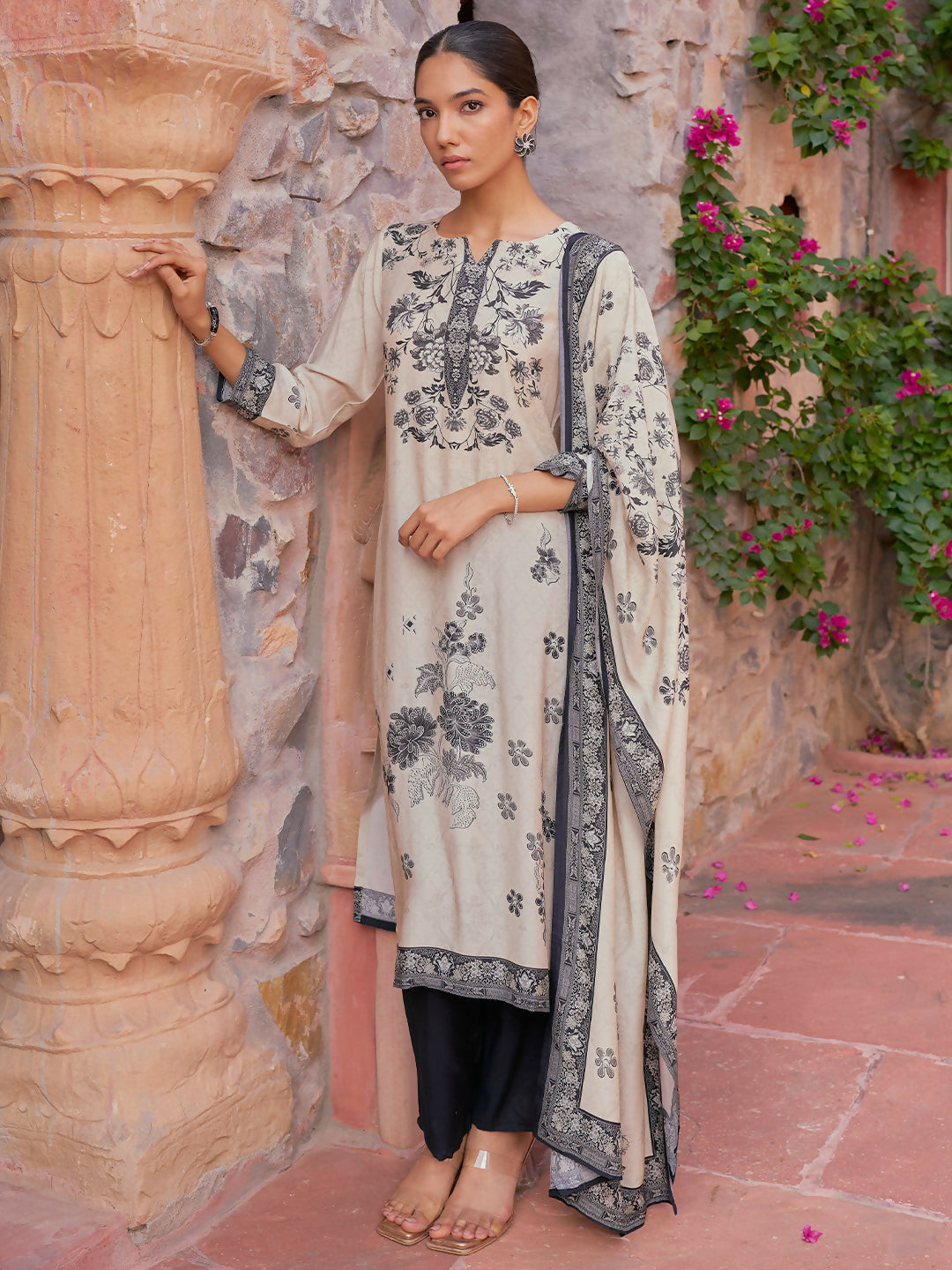 Women's LB Monochrome Printed Silk Blend Straight Suit With Dupatta