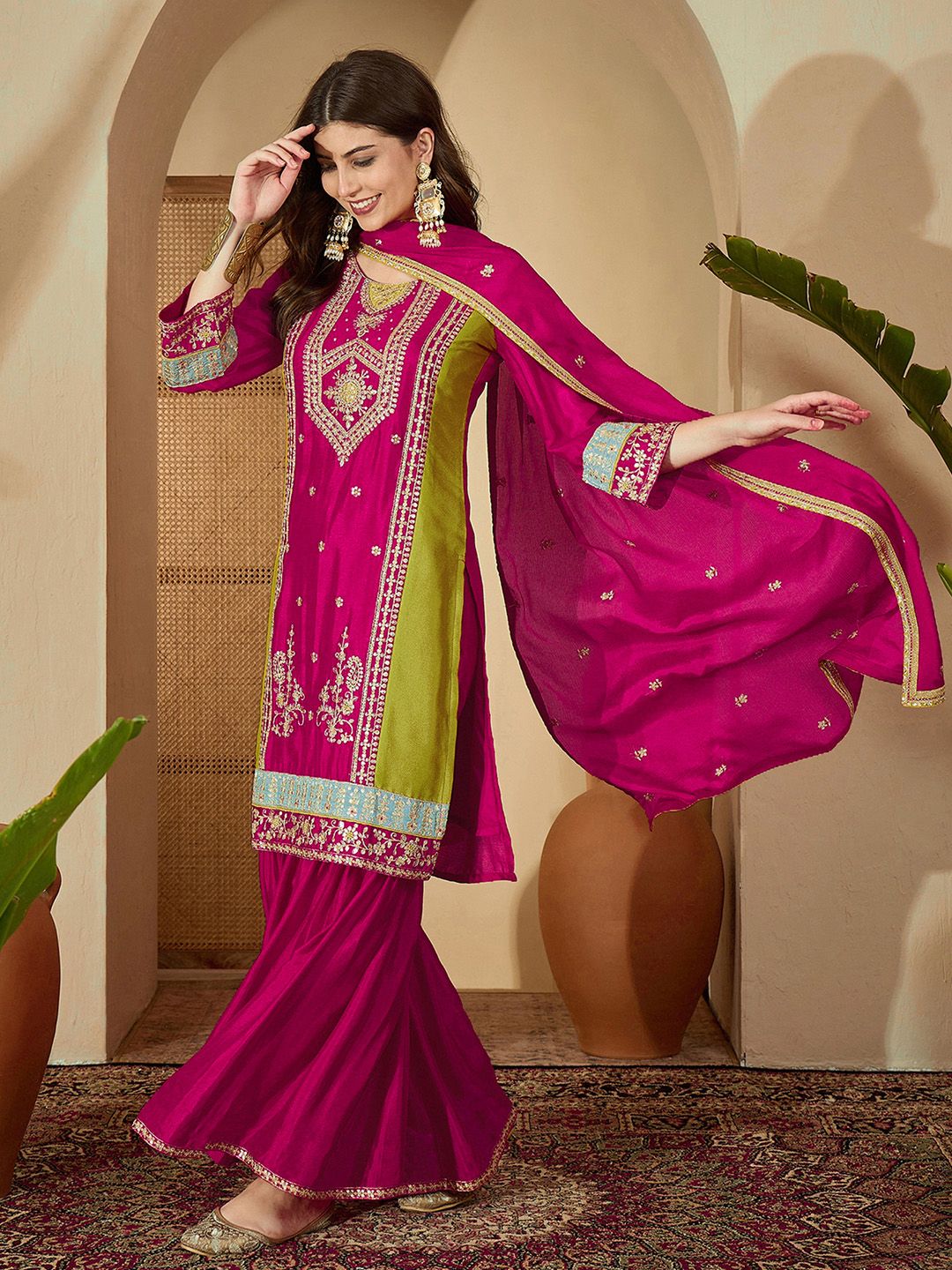 Dhiyona SN Embroidered Round Neck Kurta & Sharara with Dupatta Set