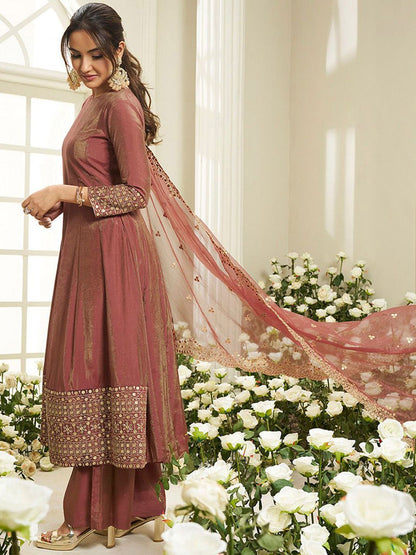 Dhiyona IN Floral Yoke Design Sequinned Anarkali Kurta With Palazzos & Dupatta