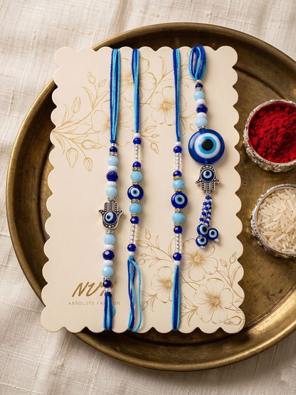 Dhiyona Set Of 4 Designer Blue Evil Eye Thread Rakhi With Roli Chawal Chandan Mishri