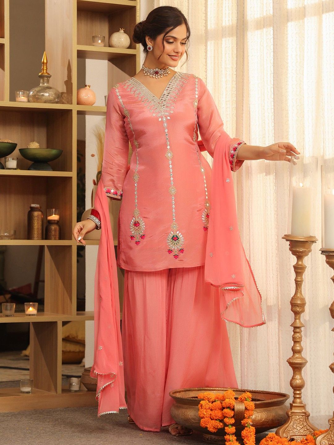Dhiyona SC Ethnic Motifs Embroidered Thread Work Shimmer Tissue Kurti With Sharara Dupatta