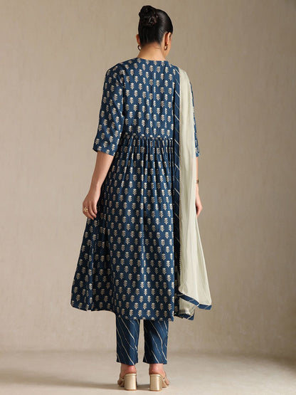 Dhiyona SO Women's Women Leheriya Printed Zardozi Kurta with Trousers & With Dupatta