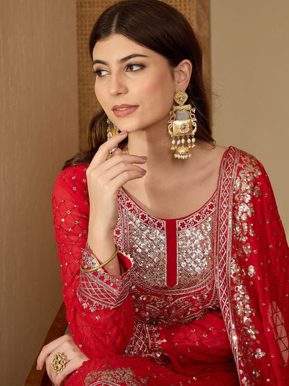 Ethnic Motifs Embroidered Panelled Gotta Patti Kurta With Palazzos & Dupatta