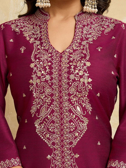 Dhiyona HOP Floral Embroidered Mandarin Collar Sequinned Kurta With Sharara & Dupatta