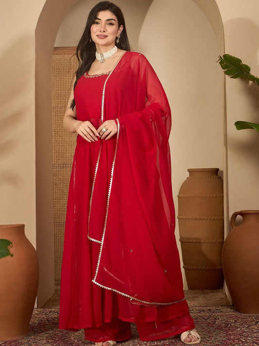 Dhiyona SN Women Tiered Sequinned Kurta with Palazzos & With Dupatta