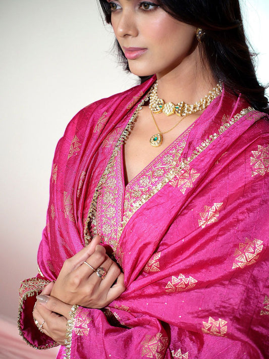 Dhiyona SN Floral Yoke Design V-Neck Sequinned Satin Kurta With Palazzos & Dupatta