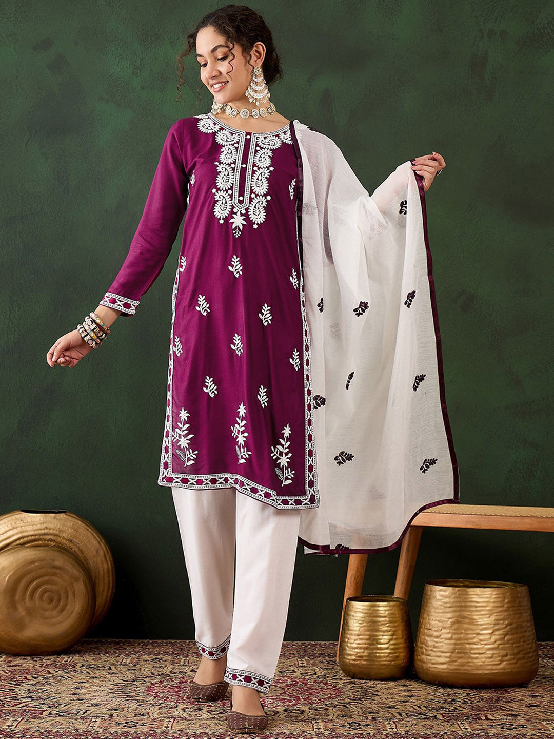 Floral Embroidered Thread Work Pure Cotton Kurti with Trousers & Dupatta
