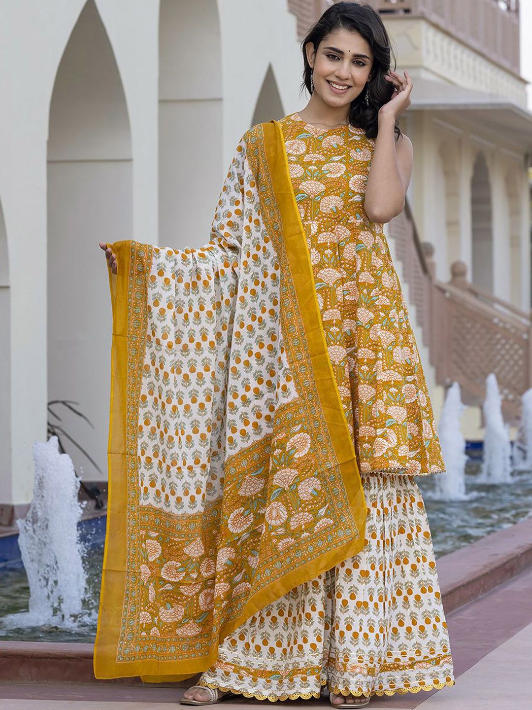 Dhiyona KL Floral Printed Pure Cotton Anarkali Kurta With Trouser & Dupatta