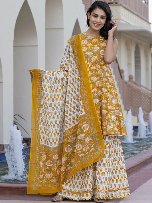 Dhiyona KL Floral Printed Pure Cotton Anarkali Kurta With Trouser & Dupatta