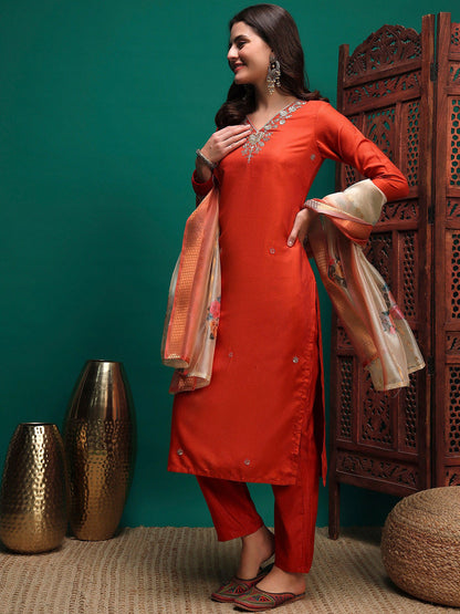 Sequin Embroidered Straight Kurta & Trousers With Dupatta