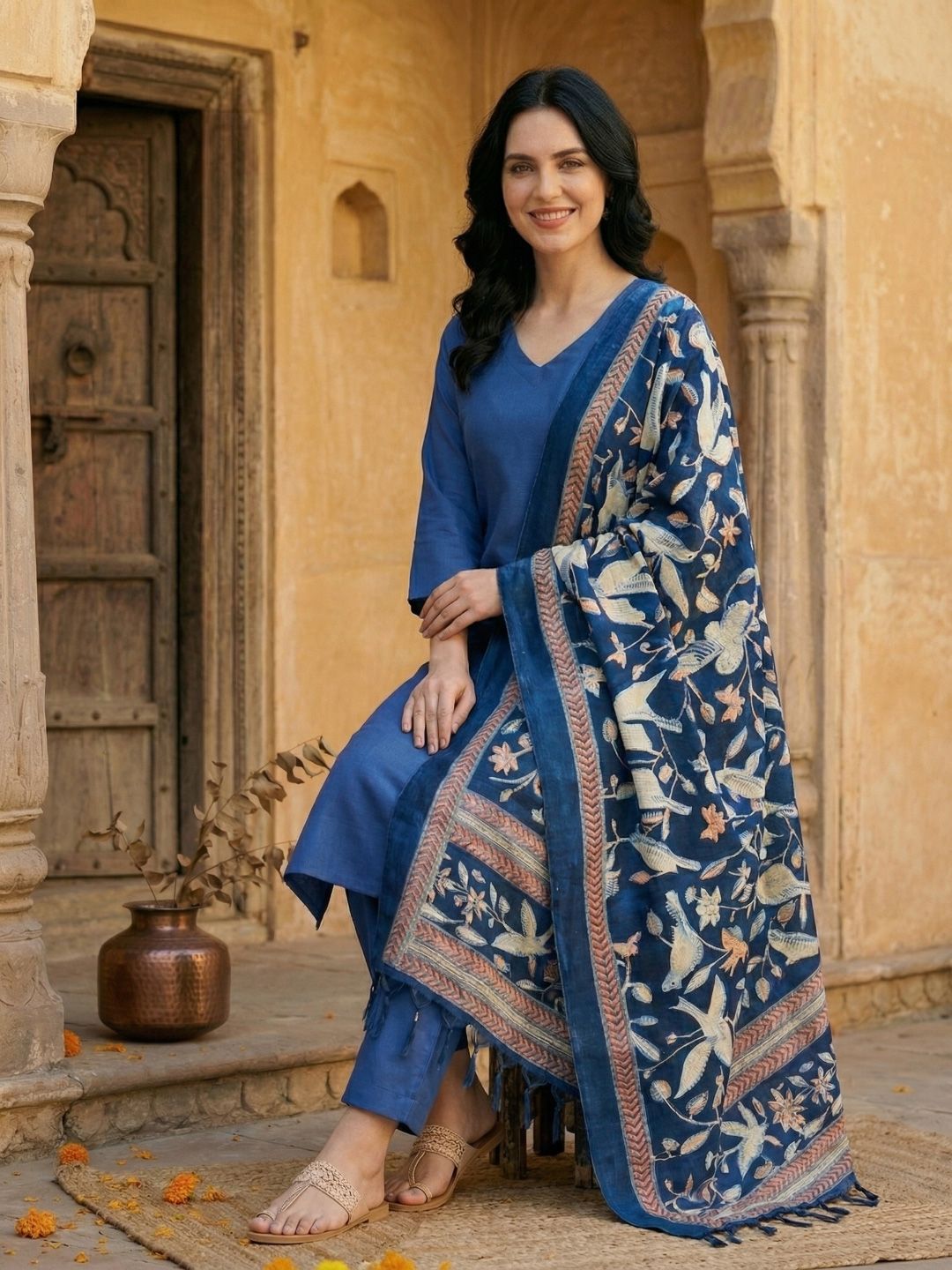 Blue Women Regular Kurta with Trousers & With Dupatta