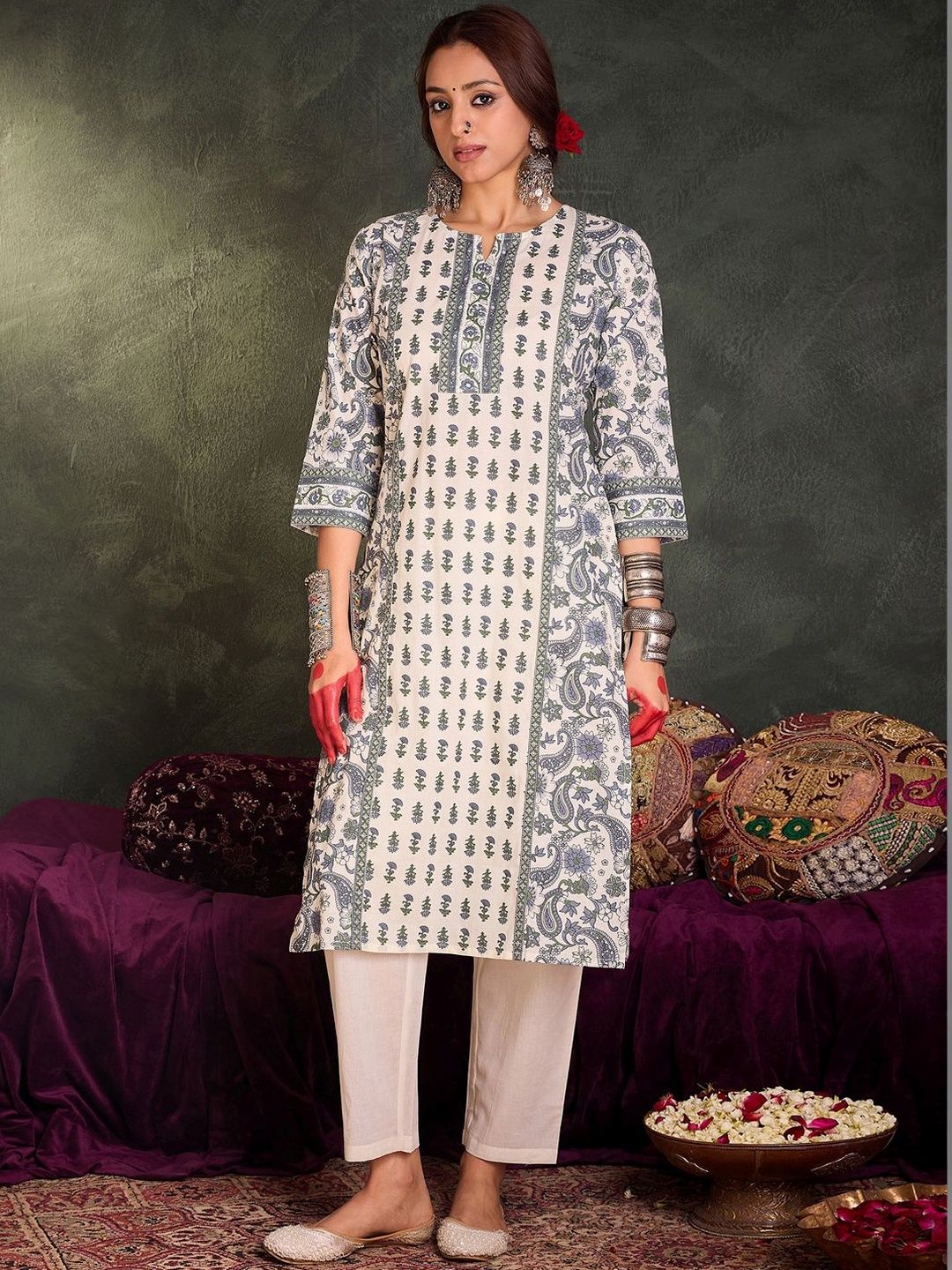 Dhiyona IE Women Ethnic Motifs Printed Regular Pure Cotton Kurta with Trousers & With Dupatta