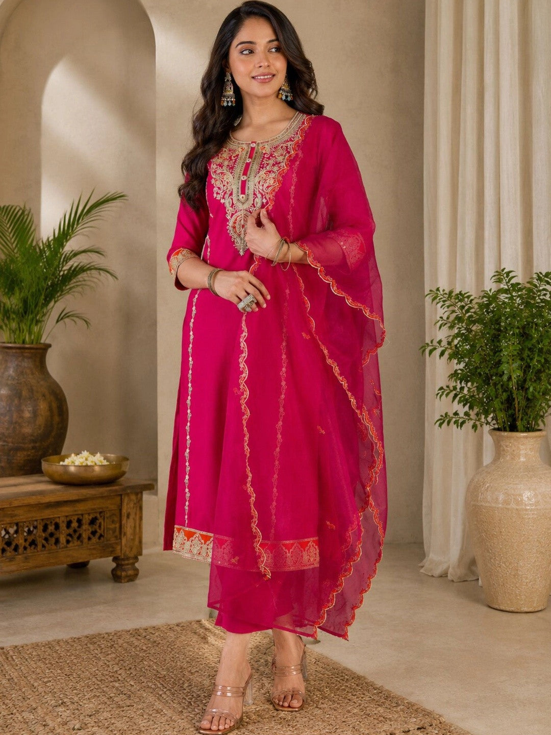 Dhiyona SN Women Ethnic Motifs Embroidered Regular Thread Work Kurta with Trousers & With Dupatta