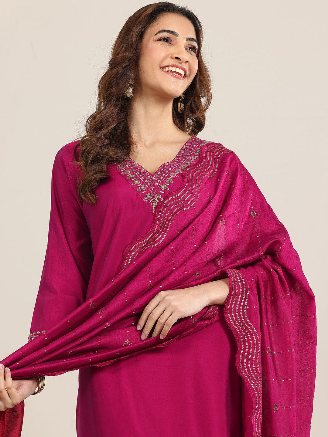 Ethnic Motifs Yoke Design Straight Sequinned Kurta With Trousers & Dupatta