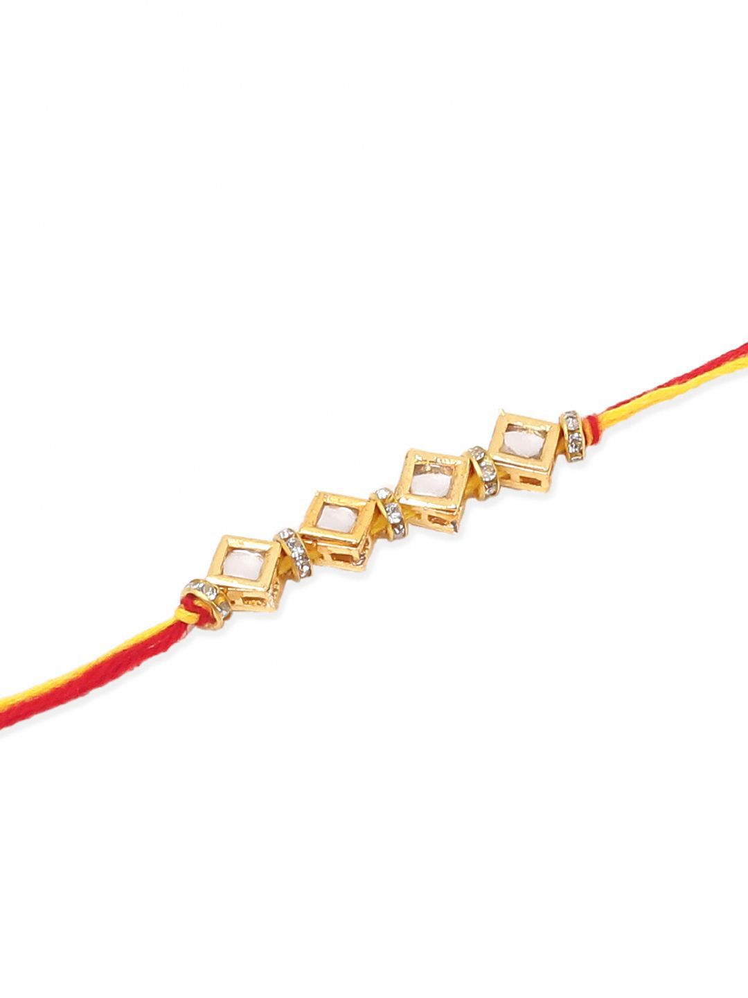 Dhiyona Men Set Of 2 Multicolor Kundan Thread Rakhi With Roli Chawal Chandan Mishri