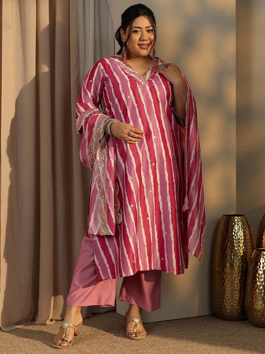 Dhiyona Women's Plus Size Striped Kurta with Trousers & With Dupatta