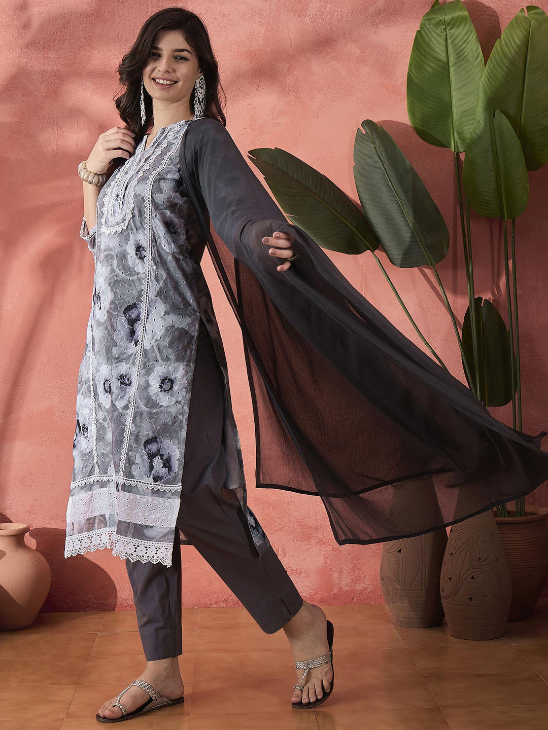 Grey Floral Printed Notch Neck Straight Pure Cotton kurta With Trouser And Dupatta