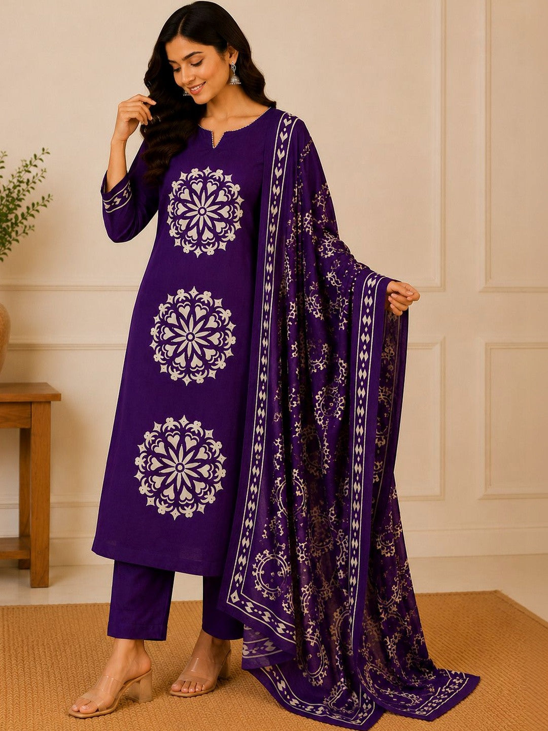 Women Ethnic Motifs Printed Regular Pure Cotton Kurta with Trousers & With Dupatta