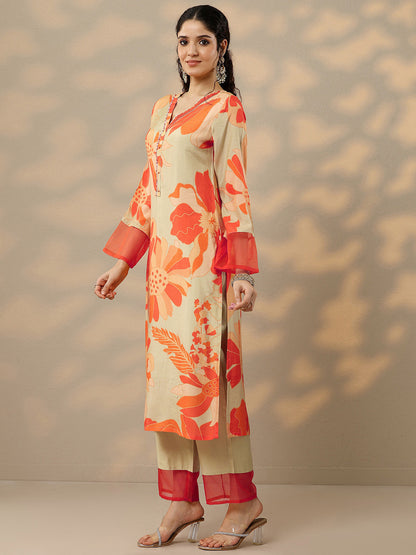 Floral Printed Beads and Stones Straight Kurta With Trousers & Dupatta