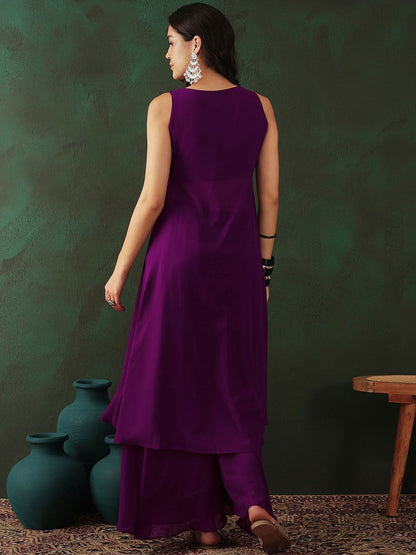 Dhiyona SN Women's Magenta Geometric Embroidered High Slit A-Line Kurta With Trouser