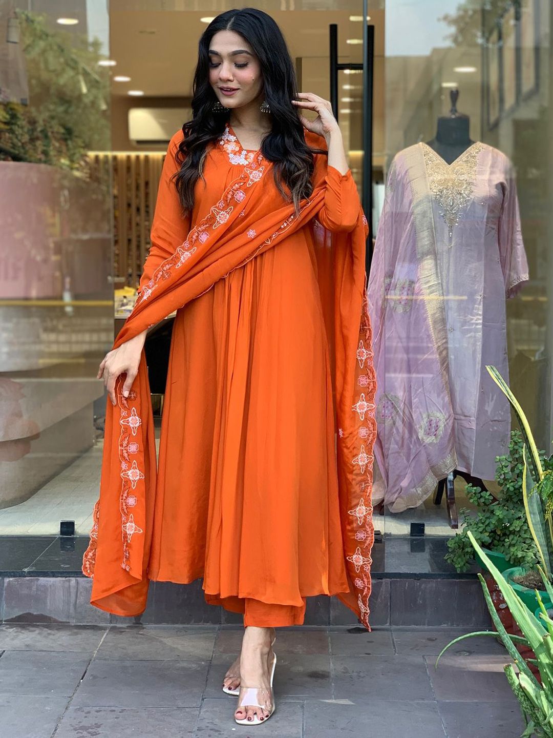 Dhiyona KL Floral Embroidered Anarkali Kurta with Trousers & Dupatta