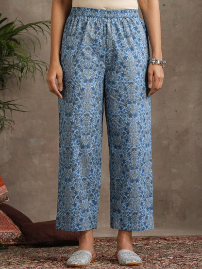 Women's Floral Printed Notch Neck Pure Cotton A-Line Kurta with Palazzos & Dupatta