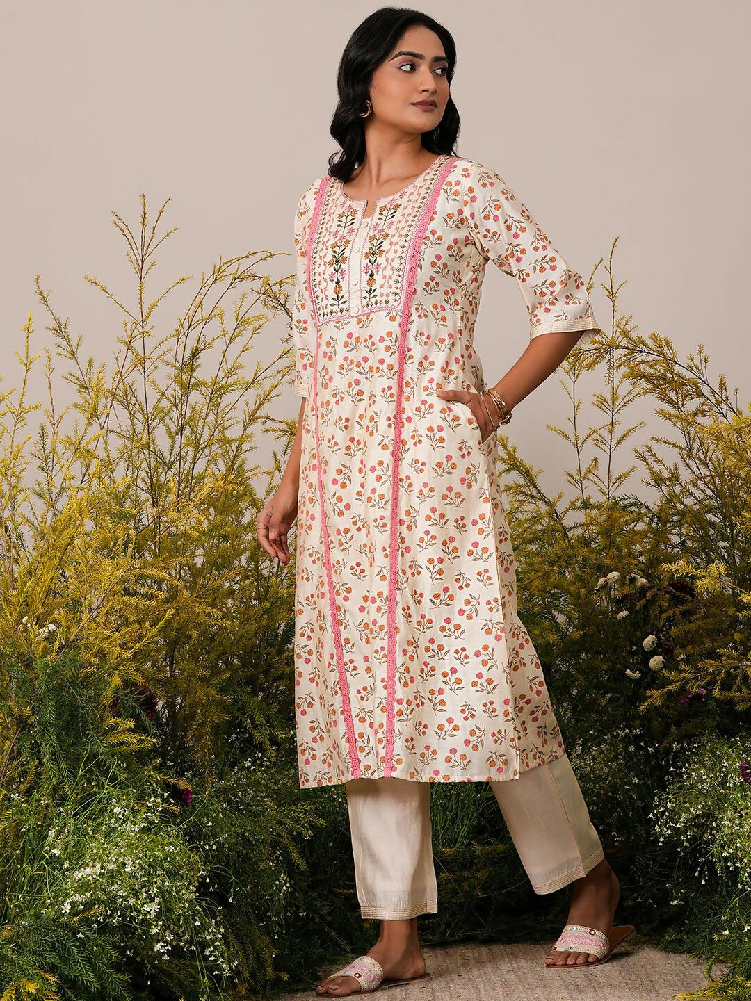 Women's LB Beige Printed Chanderi Silk A-Line Kurta With Palazzos