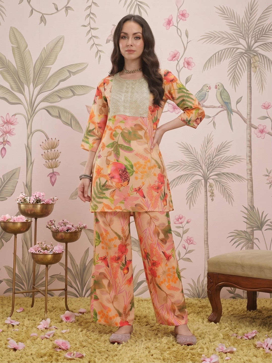Dhiyona SN Floral Printed Regular Sequinned Kurti With Palazzos