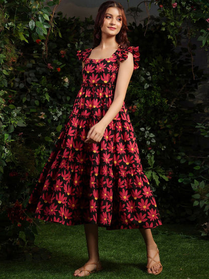 Dhiyona AY Women's Floral Printed Fit & Flare Ethnic Midi Dress