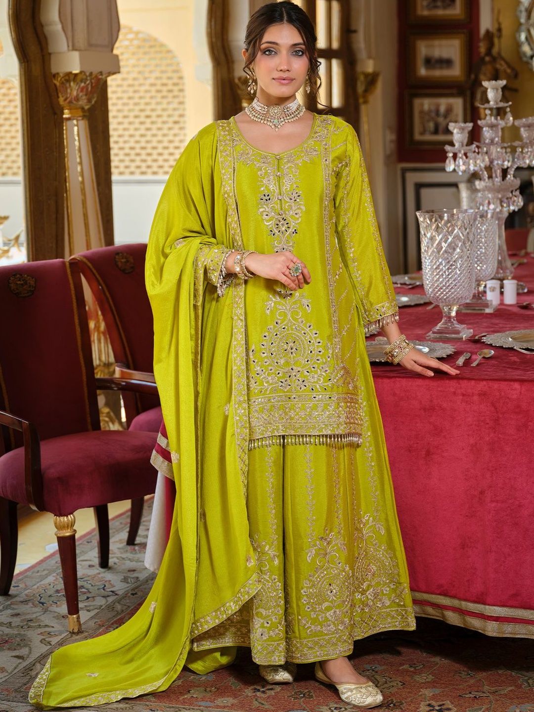 Dhiyona IE Women Ethnic Motifs Embroidered Regular Mirror Work Kurta with Palazzos & Dupatta