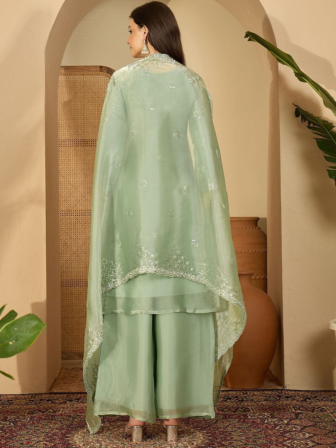 Dhiyona SN Women Floral Embroidered Silk Kurta with Palazzos & Dupatta
