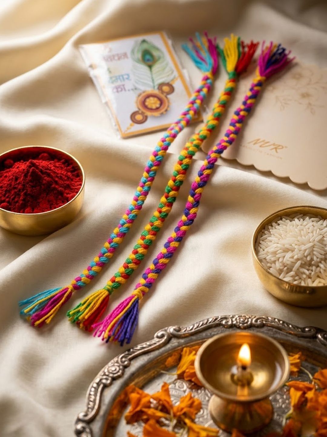 Dhiyona Set Of 3 Multicolor Thread Rakhi With Roli Chawal Chandan Mishri