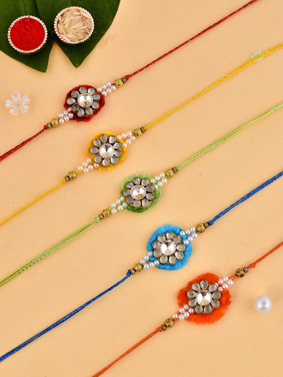 Dhiyona Green Set Of 5 Kundan & Pearl Beaded Thread Rakhis With Roli Chawal & Greeting Card