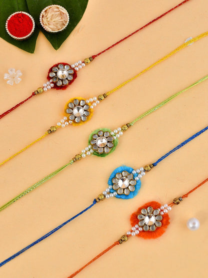 Dhiyona Green Set Of 5 Kundan & Pearl Beaded Thread Rakhis With Roli Chawal & Greeting Card