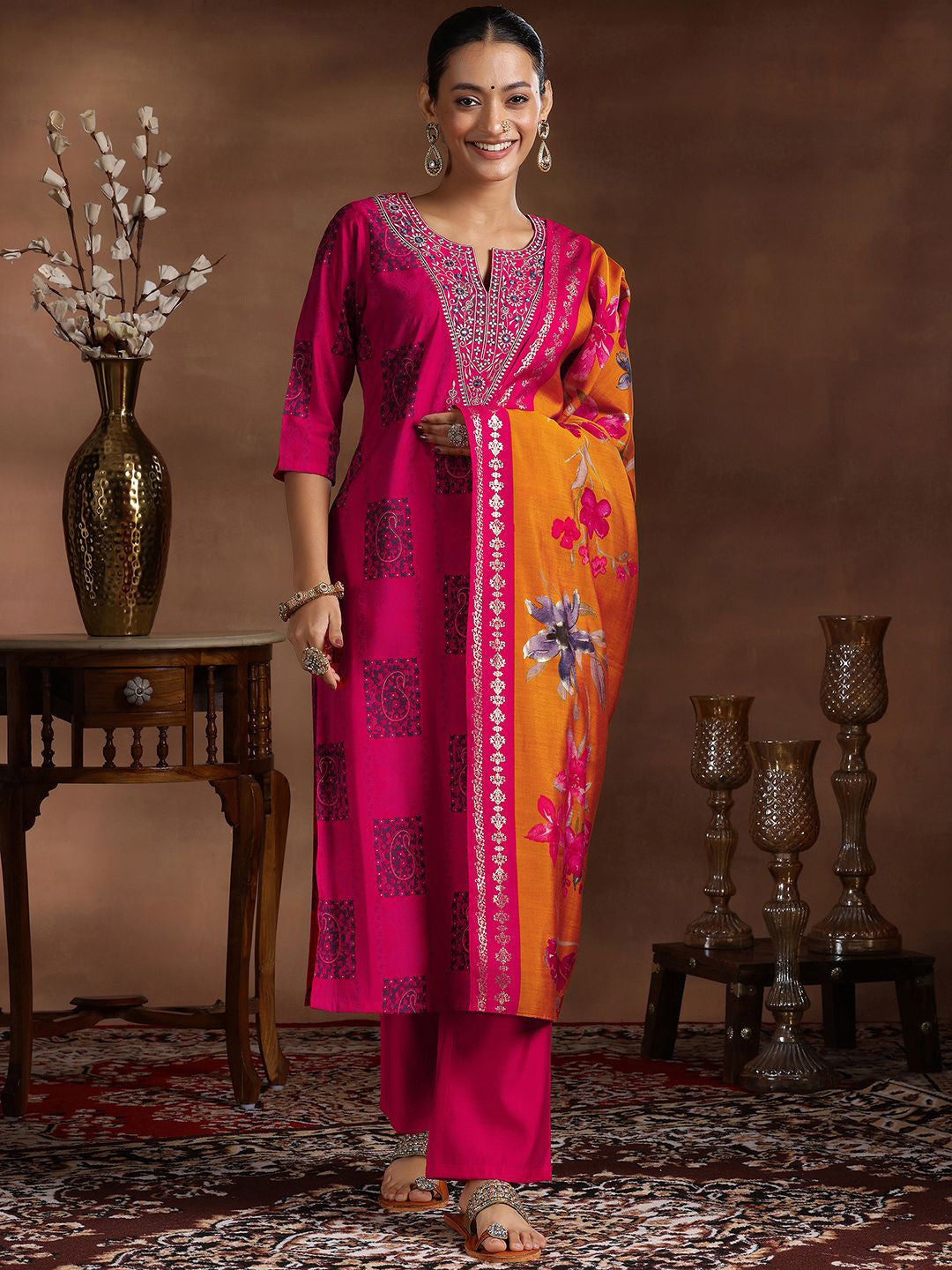 Paisley Printed Thread Work Kurta with Trousers & Dupatta
