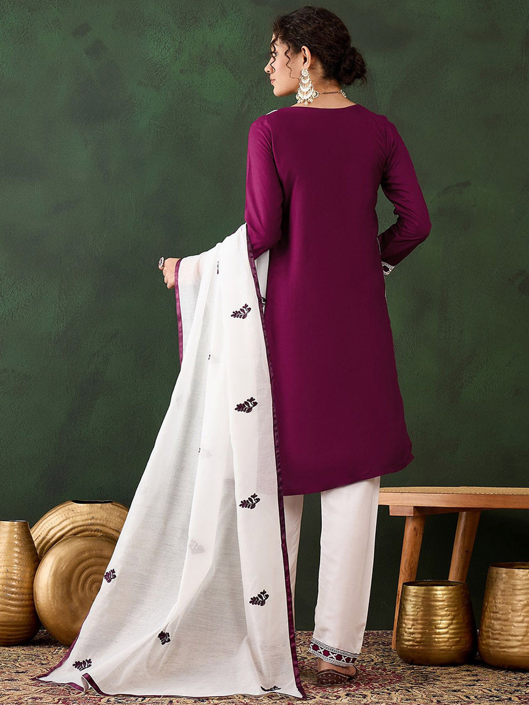 Floral Embroidered Thread Work Pure Cotton Kurti with Trousers & Dupatta