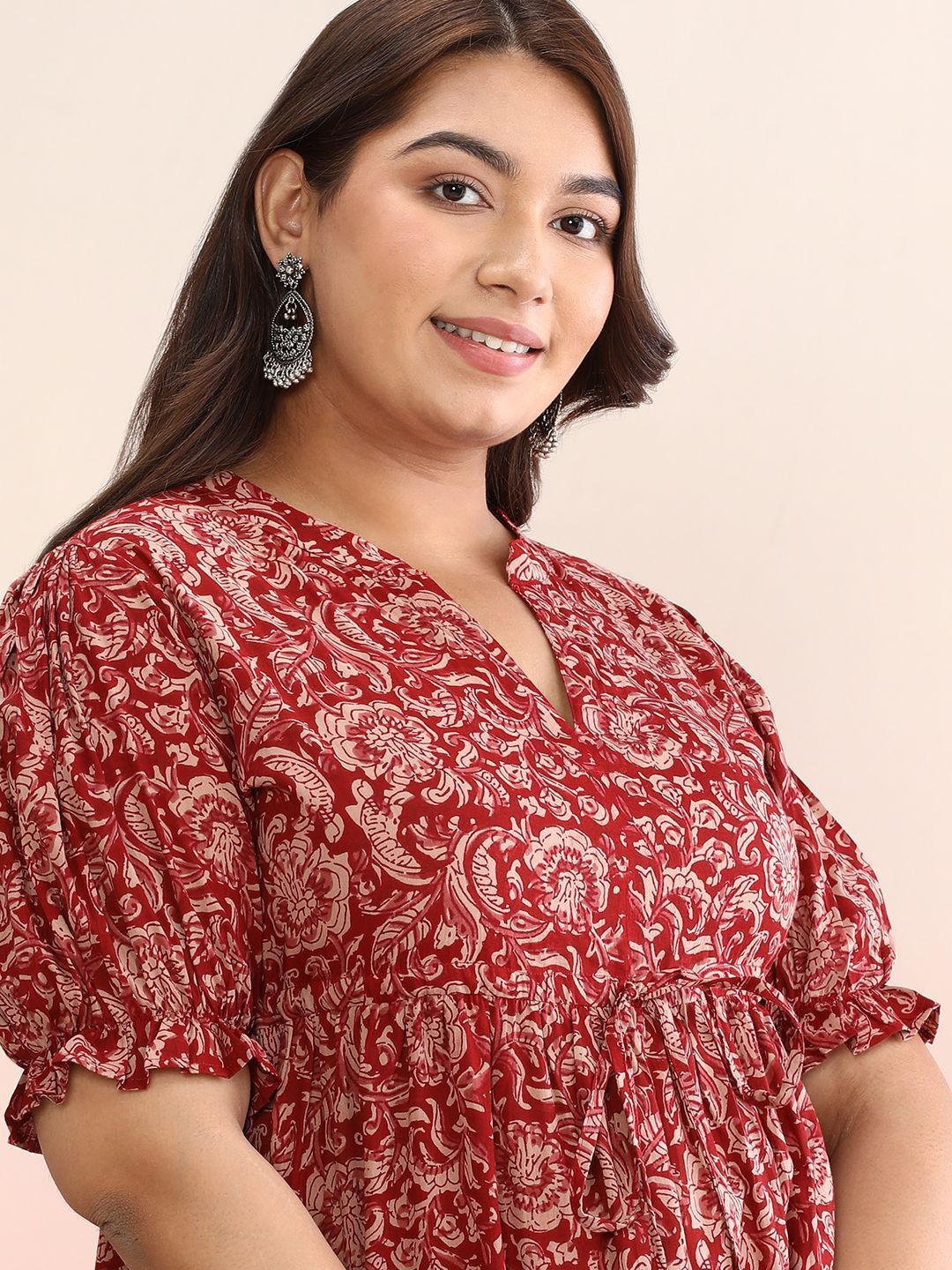 Dhiyona AY Women's Ethnic Motif Cotton Puff Sleeve Empire Plus Size Midi Dress