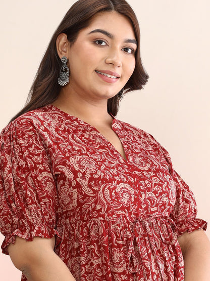 Dhiyona AY Women's Ethnic Motif Cotton Puff Sleeve Empire Plus Size Midi Dress