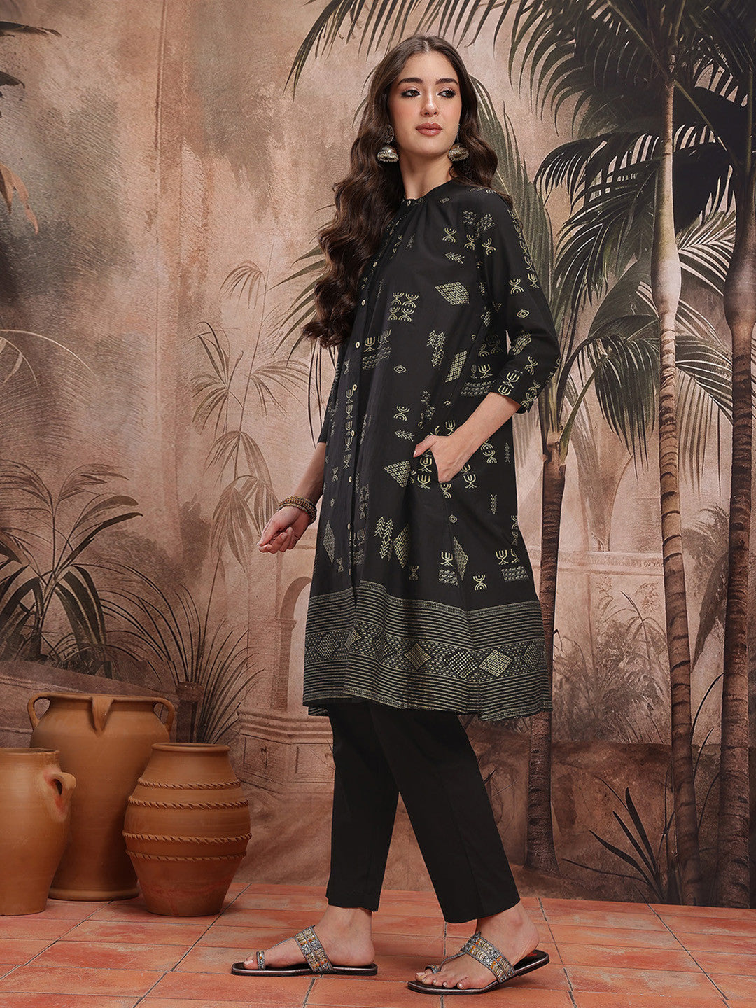 Ethnic Motifs Print Pleated Pure Cotton Kurta with Trousers