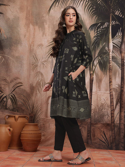 Ethnic Motifs Print Pleated Pure Cotton Kurta with Trousers