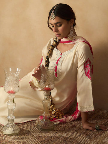 Women's Cream Embroidered Straight Kurta Trousers With Dupatta Set