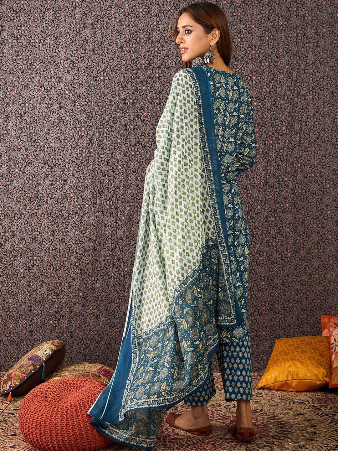 Women Ethnic Motifs Printed Regular Pure Cotton Kurta with Trousers & With Dupatta
